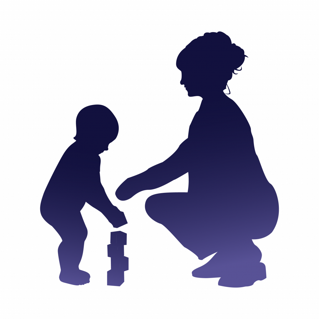 Silhouette of parent and child playing with blocks.