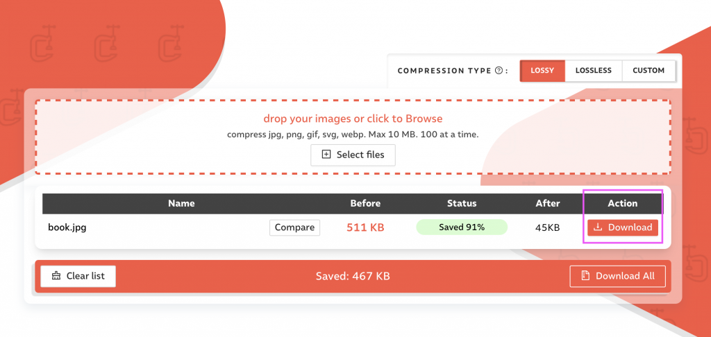 Screenshot of the download option for compressor.io