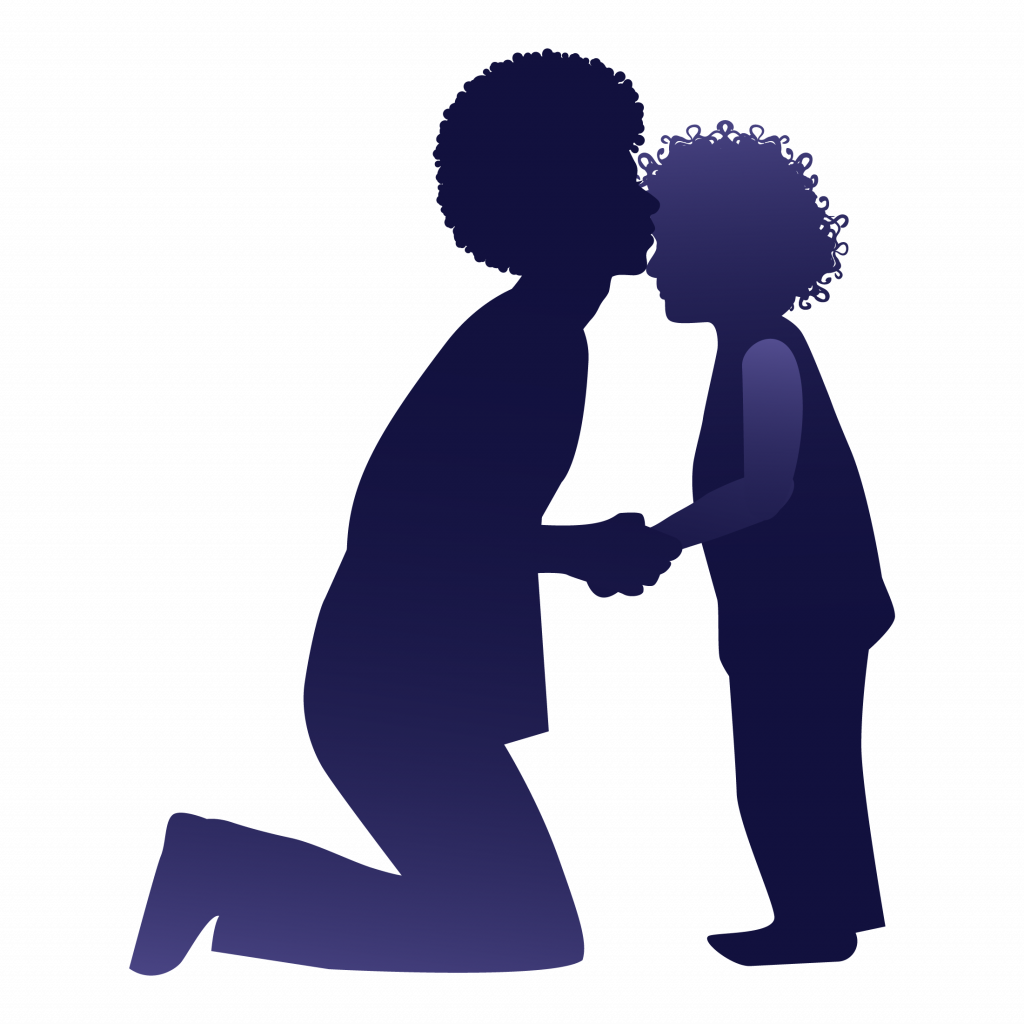 Silhouette of mother kissing child.