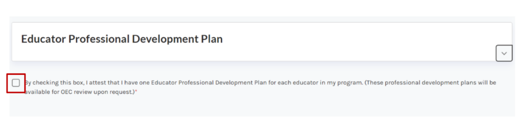 Screenshot of the Provider Portal displaying the attestation checkbox at the bottom of the Educator Professional Development Plan screen.